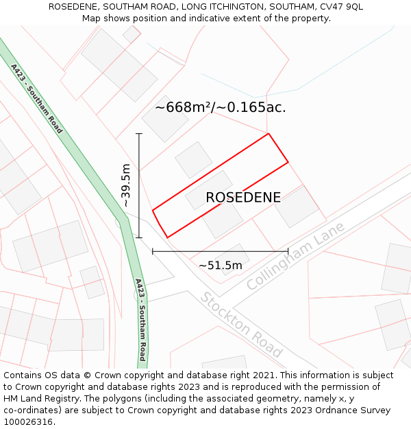 ROSEDENE, SOUTHAM ROAD, LONG ITCHINGTON, SOUTHAM, CV47 9QL: Plot and title map