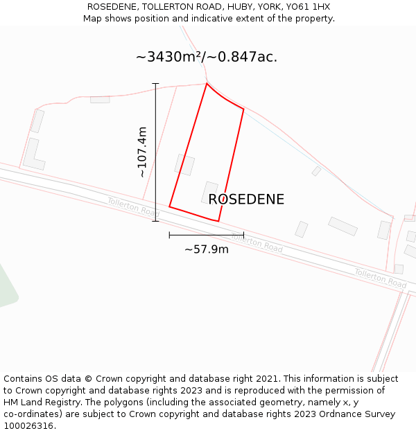 ROSEDENE, TOLLERTON ROAD, HUBY, YORK, YO61 1HX: Plot and title map