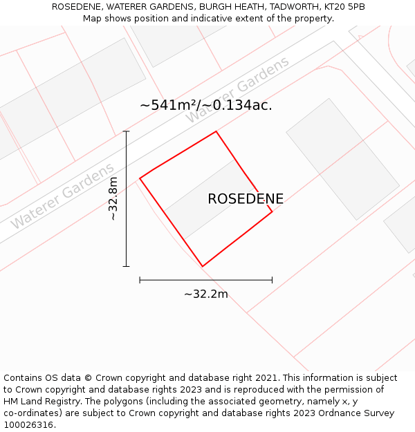 ROSEDENE, WATERER GARDENS, BURGH HEATH, TADWORTH, KT20 5PB: Plot and title map