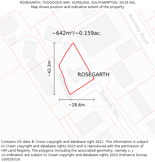 ROSEGARTH, TOOGOODS WAY, NURSLING, SOUTHAMPTON, SO16 0XL: Plot and title map