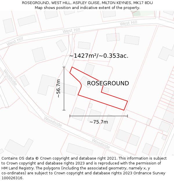 ROSEGROUND, WEST HILL, ASPLEY GUISE, MILTON KEYNES, MK17 8DU: Plot and title map