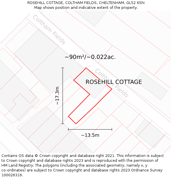ROSEHILL COTTAGE, COLTHAM FIELDS, CHELTENHAM, GL52 6SN: Plot and title map