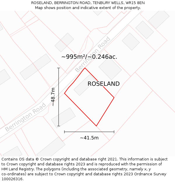 ROSELAND, BERRINGTON ROAD, TENBURY WELLS, WR15 8EN: Plot and title map