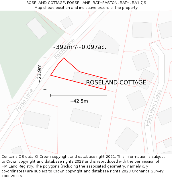 ROSELAND COTTAGE, FOSSE LANE, BATHEASTON, BATH, BA1 7JS: Plot and title map