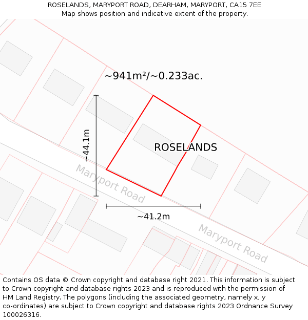 ROSELANDS, MARYPORT ROAD, DEARHAM, MARYPORT, CA15 7EE: Plot and title map