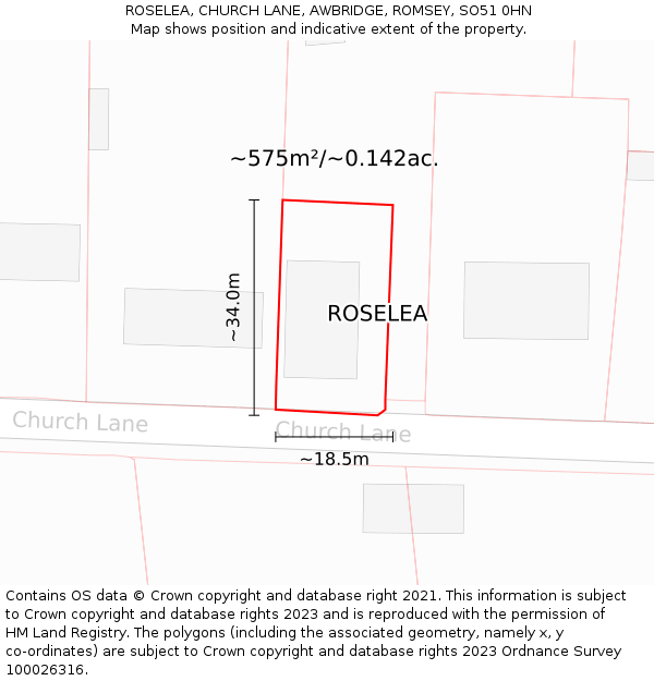 ROSELEA, CHURCH LANE, AWBRIDGE, ROMSEY, SO51 0HN: Plot and title map