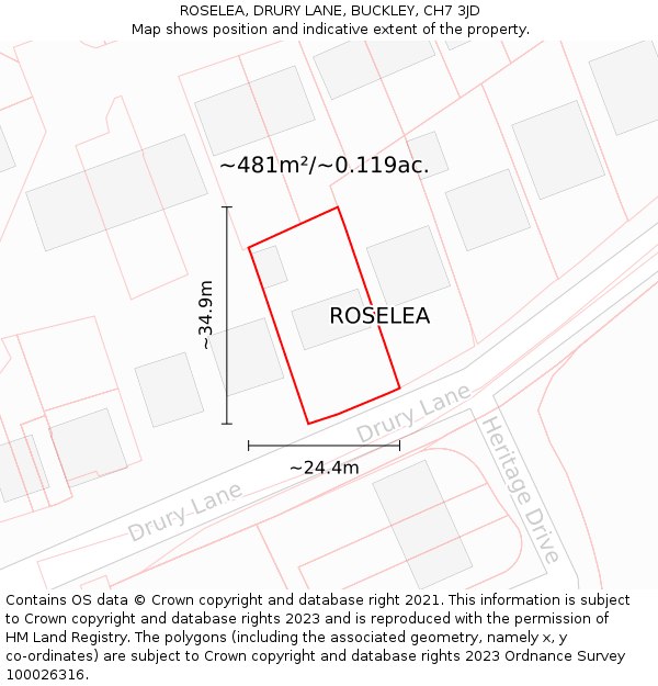 ROSELEA, DRURY LANE, BUCKLEY, CH7 3JD: Plot and title map