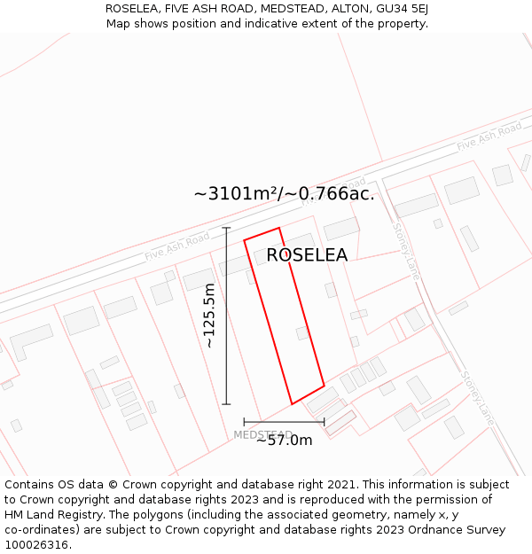 ROSELEA, FIVE ASH ROAD, MEDSTEAD, ALTON, GU34 5EJ: Plot and title map