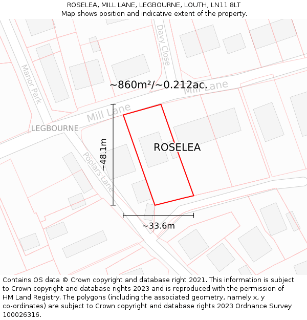 ROSELEA, MILL LANE, LEGBOURNE, LOUTH, LN11 8LT: Plot and title map