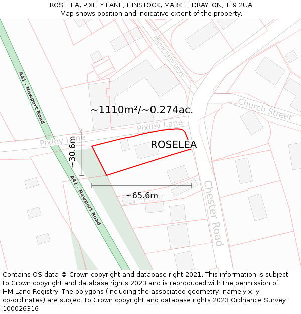ROSELEA, PIXLEY LANE, HINSTOCK, MARKET DRAYTON, TF9 2UA: Plot and title map