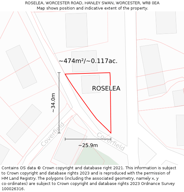 ROSELEA, WORCESTER ROAD, HANLEY SWAN, WORCESTER, WR8 0EA: Plot and title map