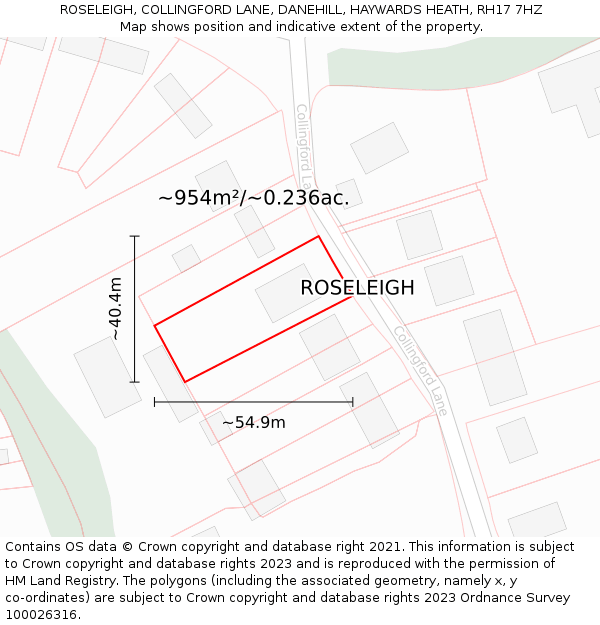 ROSELEIGH, COLLINGFORD LANE, DANEHILL, HAYWARDS HEATH, RH17 7HZ: Plot and title map