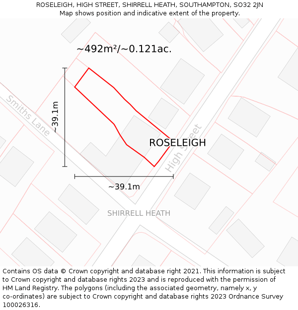 ROSELEIGH, HIGH STREET, SHIRRELL HEATH, SOUTHAMPTON, SO32 2JN: Plot and title map