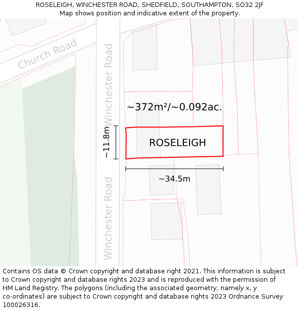 ROSELEIGH, WINCHESTER ROAD, SHEDFIELD, SOUTHAMPTON, SO32 2JF: Plot and title map