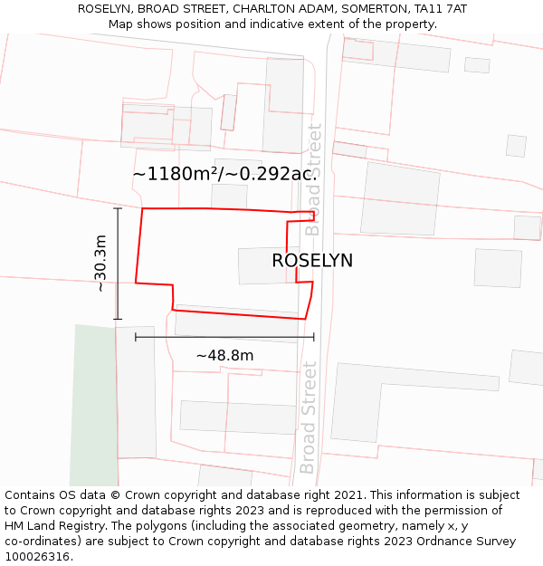 ROSELYN, BROAD STREET, CHARLTON ADAM, SOMERTON, TA11 7AT: Plot and title map