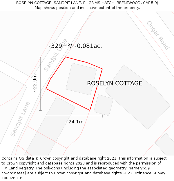 ROSELYN COTTAGE, SANDPIT LANE, PILGRIMS HATCH, BRENTWOOD, CM15 9JJ: Plot and title map