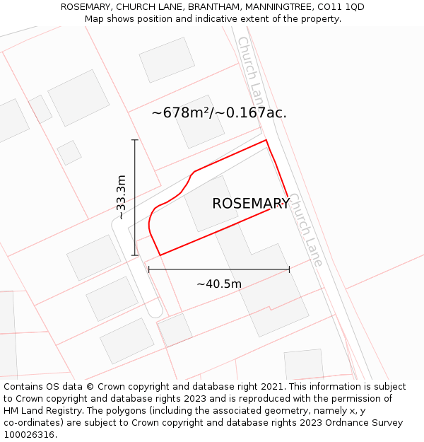 ROSEMARY, CHURCH LANE, BRANTHAM, MANNINGTREE, CO11 1QD: Plot and title map