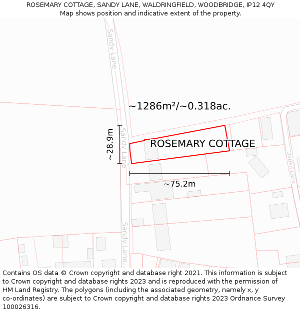 ROSEMARY COTTAGE, SANDY LANE, WALDRINGFIELD, WOODBRIDGE, IP12 4QY: Plot and title map