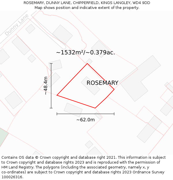 ROSEMARY, DUNNY LANE, CHIPPERFIELD, KINGS LANGLEY, WD4 9DD: Plot and title map