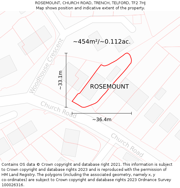 ROSEMOUNT, CHURCH ROAD, TRENCH, TELFORD, TF2 7HJ: Plot and title map