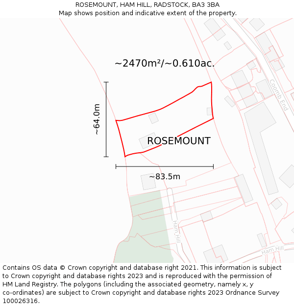ROSEMOUNT, HAM HILL, RADSTOCK, BA3 3BA: Plot and title map