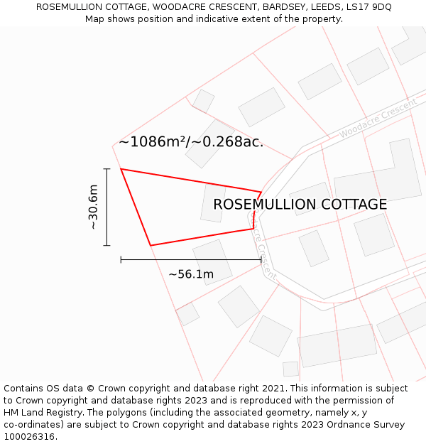 ROSEMULLION COTTAGE, WOODACRE CRESCENT, BARDSEY, LEEDS, LS17 9DQ: Plot and title map