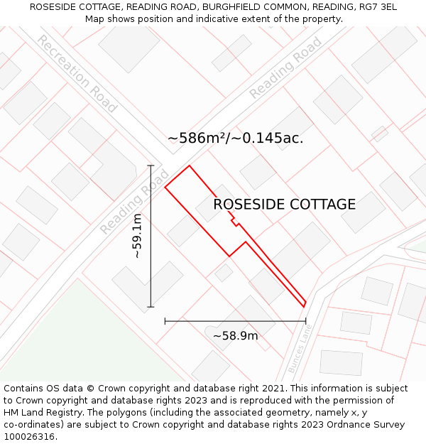 ROSESIDE COTTAGE, READING ROAD, BURGHFIELD COMMON, READING, RG7 3EL: Plot and title map