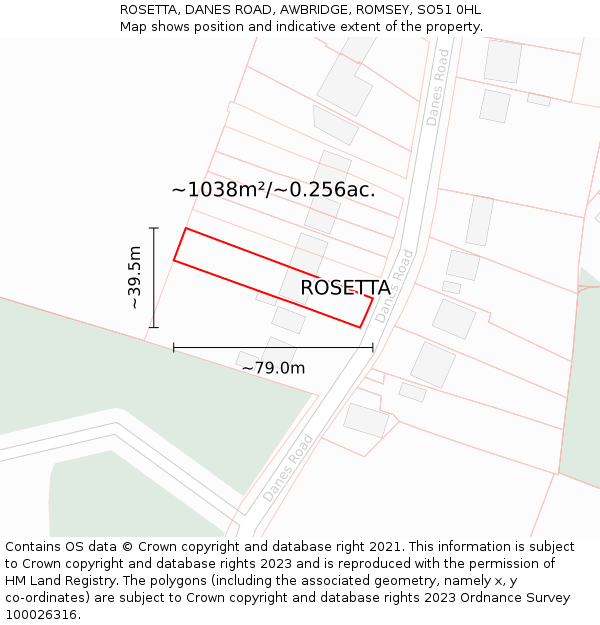 ROSETTA, DANES ROAD, AWBRIDGE, ROMSEY, SO51 0HL: Plot and title map