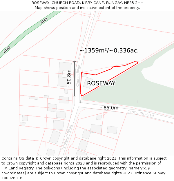 ROSEWAY, CHURCH ROAD, KIRBY CANE, BUNGAY, NR35 2HH: Plot and title map