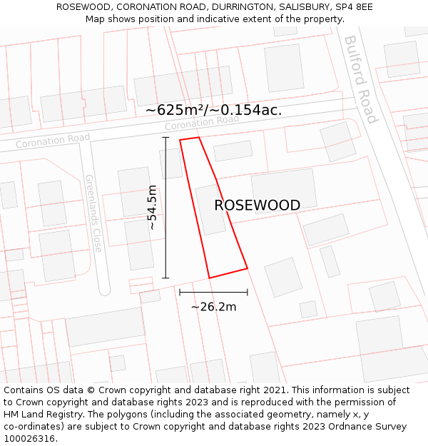 ROSEWOOD, CORONATION ROAD, DURRINGTON, SALISBURY, SP4 8EE: Plot and title map