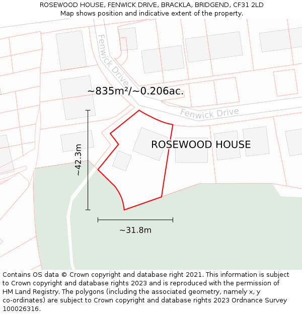 ROSEWOOD HOUSE, FENWICK DRIVE, BRACKLA, BRIDGEND, CF31 2LD: Plot and title map