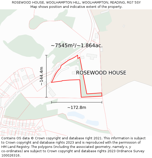 ROSEWOOD HOUSE, WOOLHAMPTON HILL, WOOLHAMPTON, READING, RG7 5SY: Plot and title map