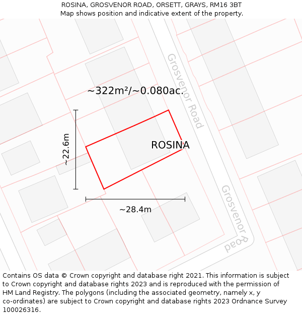ROSINA, GROSVENOR ROAD, ORSETT, GRAYS, RM16 3BT: Plot and title map