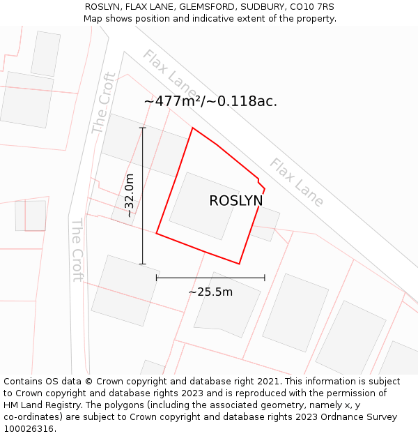 ROSLYN, FLAX LANE, GLEMSFORD, SUDBURY, CO10 7RS: Plot and title map