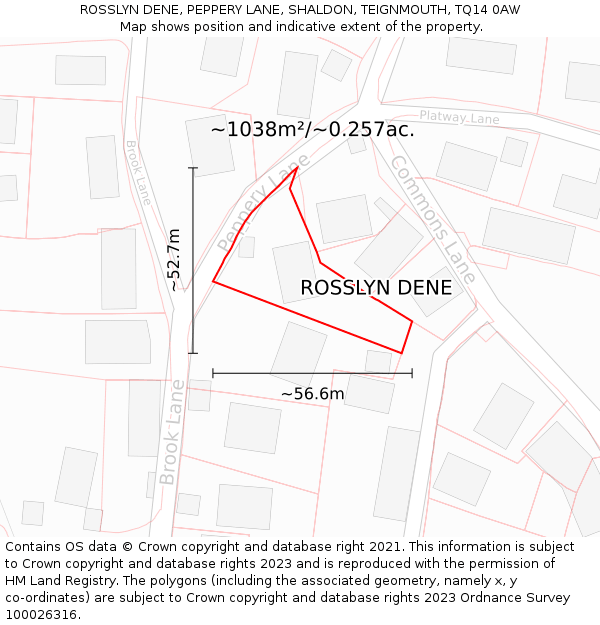 ROSSLYN DENE, PEPPERY LANE, SHALDON, TEIGNMOUTH, TQ14 0AW: Plot and title map