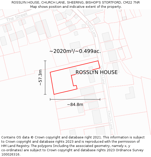 ROSSLYN HOUSE, CHURCH LANE, SHEERING, BISHOP'S STORTFORD, CM22 7NR: Plot and title map