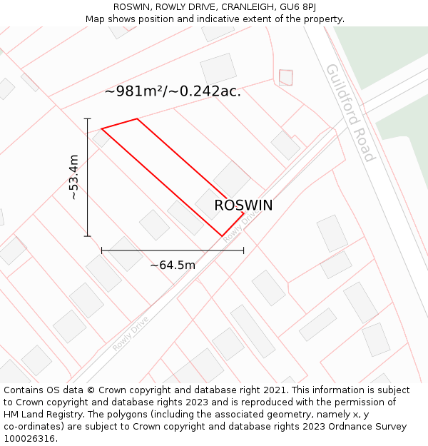 ROSWIN, ROWLY DRIVE, CRANLEIGH, GU6 8PJ: Plot and title map
