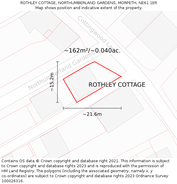 ROTHLEY COTTAGE, NORTHUMBERLAND GARDENS, MORPETH, NE61 1ER: Plot and title map