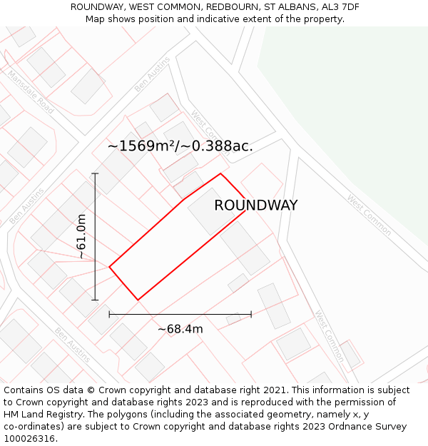 ROUNDWAY, WEST COMMON, REDBOURN, ST ALBANS, AL3 7DF: Plot and title map