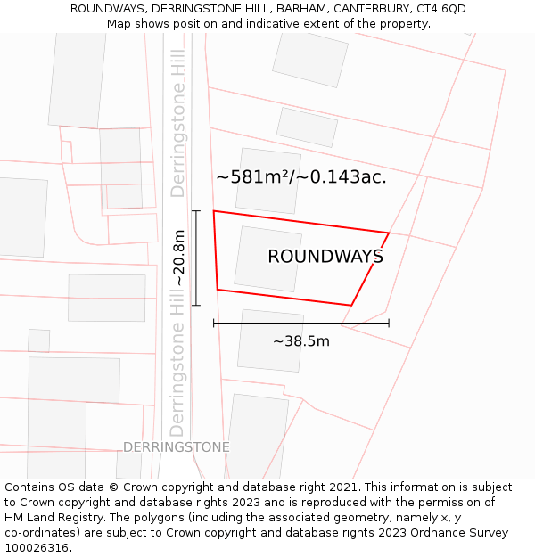 ROUNDWAYS, DERRINGSTONE HILL, BARHAM, CANTERBURY, CT4 6QD: Plot and title map