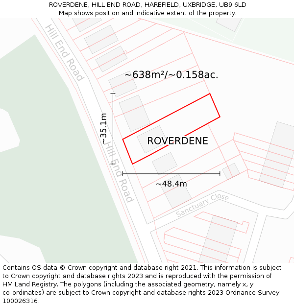 ROVERDENE, HILL END ROAD, HAREFIELD, UXBRIDGE, UB9 6LD: Plot and title map