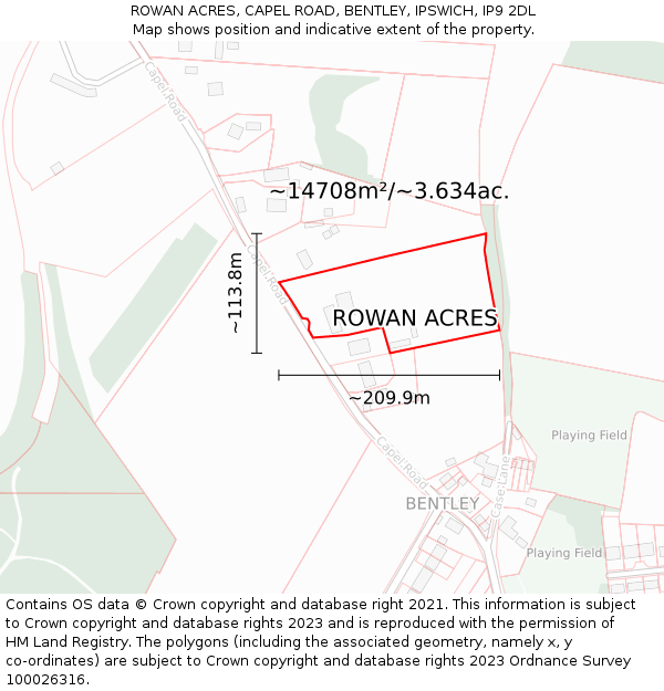 ROWAN ACRES, CAPEL ROAD, BENTLEY, IPSWICH, IP9 2DL: Plot and title map
