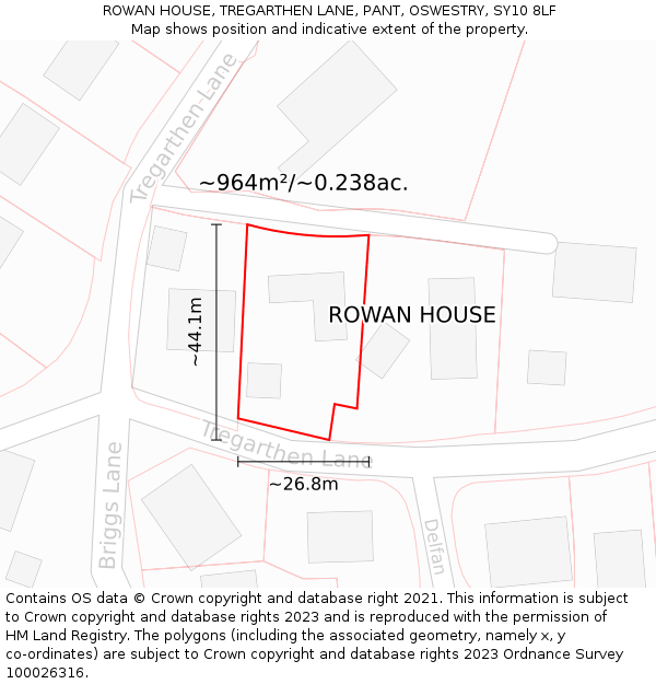 ROWAN HOUSE, TREGARTHEN LANE, PANT, OSWESTRY, SY10 8LF: Plot and title map