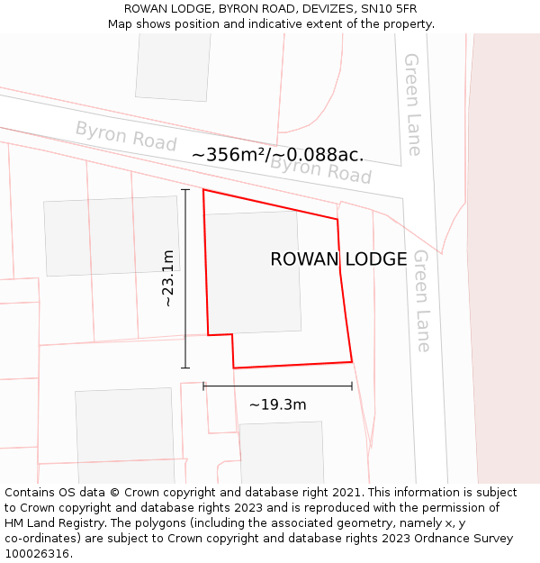 ROWAN LODGE, BYRON ROAD, DEVIZES, SN10 5FR: Plot and title map