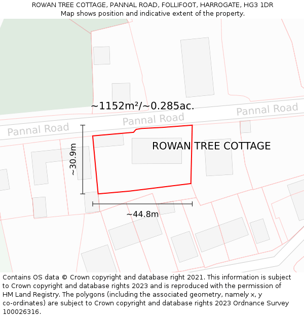 ROWAN TREE COTTAGE, PANNAL ROAD, FOLLIFOOT, HARROGATE, HG3 1DR: Plot and title map