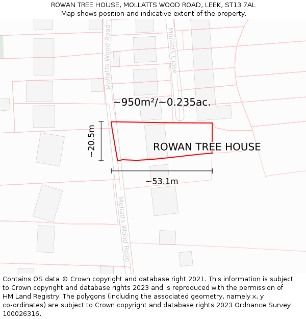 ROWAN TREE HOUSE, MOLLATTS WOOD ROAD, LEEK, ST13 7AL: Plot and title map