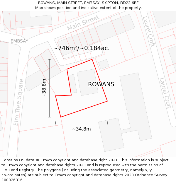 ROWANS, MAIN STREET, EMBSAY, SKIPTON, BD23 6RE: Plot and title map