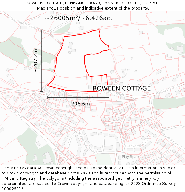 ROWEEN COTTAGE, PENNANCE ROAD, LANNER, REDRUTH, TR16 5TF: Plot and title map
