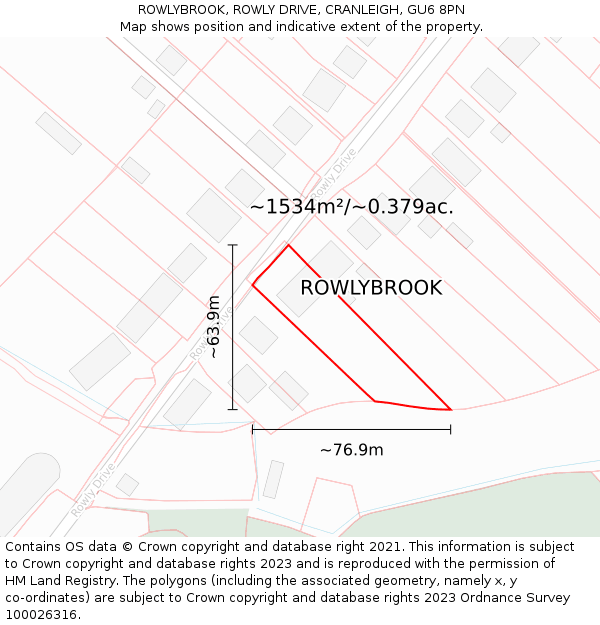 ROWLYBROOK, ROWLY DRIVE, CRANLEIGH, GU6 8PN: Plot and title map