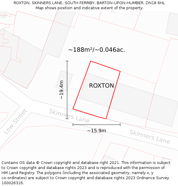 ROXTON, SKINNERS LANE, SOUTH FERRIBY, BARTON-UPON-HUMBER, DN18 6HL: Plot and title map